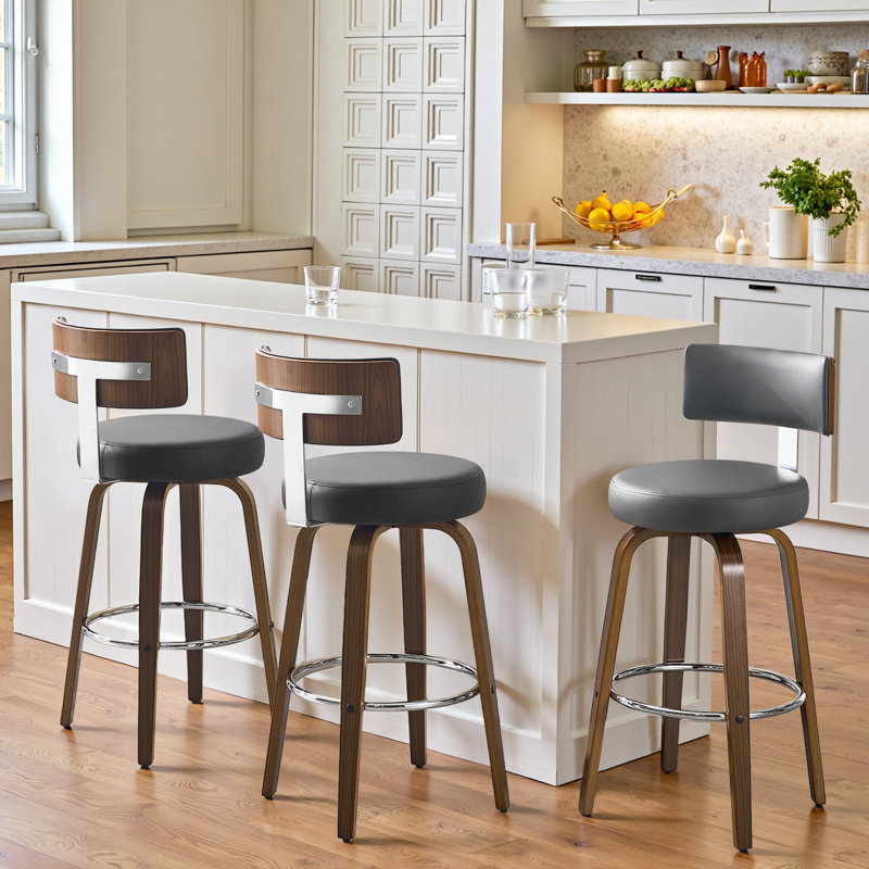 360° Swivel Upholstered Bar Stools - Walnut Wood Counter Chairs Load 150Kg, Grey