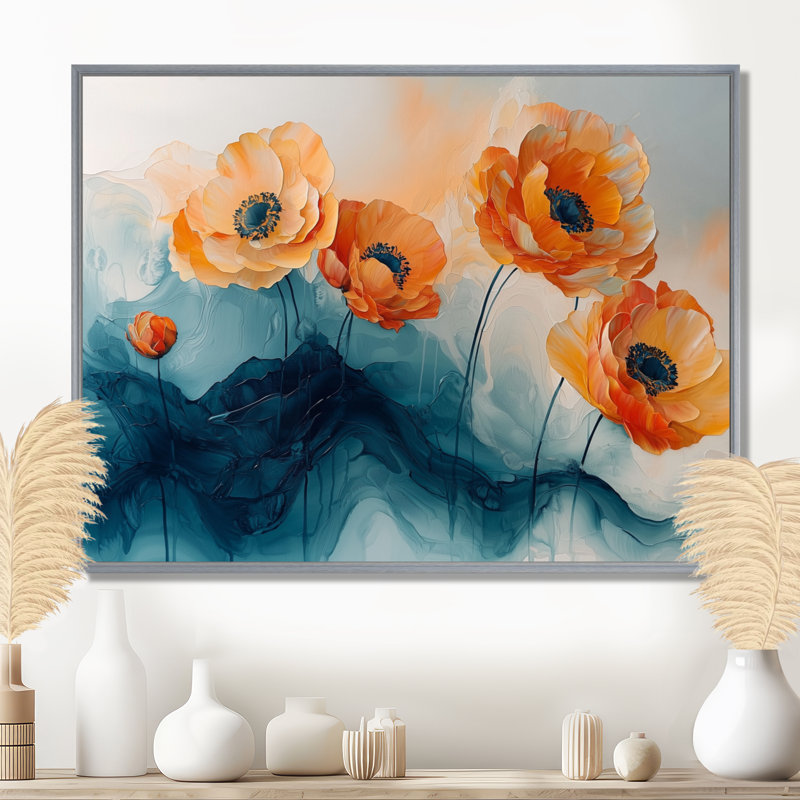 Aquarelle de fleurs de renoncule, rivière II - renoncules, H 34 po x l 44 po, Floater Framed, Argent argent