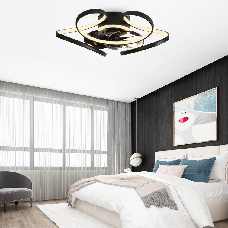 22" Black Modern Flush Mount Low Profile Ceiling Fan with Light and Smart APP Control