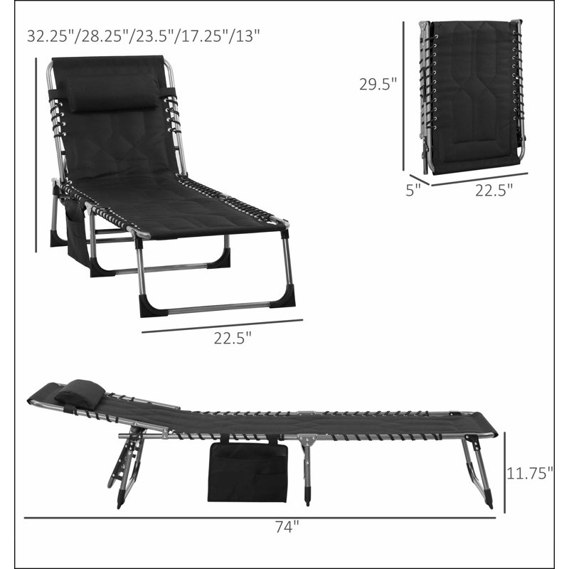 Outsunny Padded Folding Chaise Lounge Chair, Outdoor 6-Level Reclining Camping Tanning Chair with Headrest for Beach, Yard, Patio, Pool