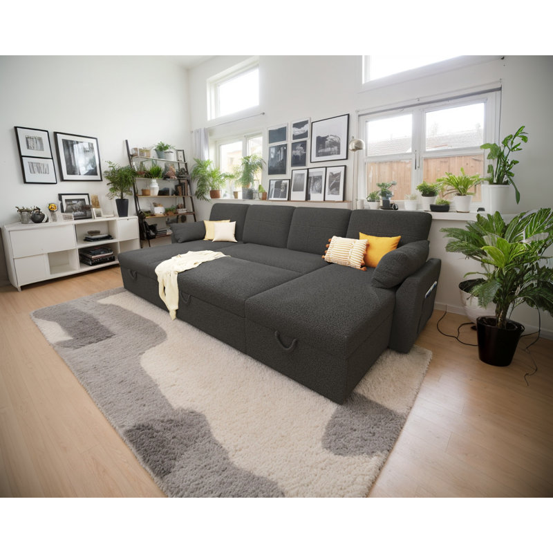 110 Inch Oversized Sofa Bed - 2 In 1 Pull Out Sleeper Sofa With Sectional And Double Storage Chaise, Gray Boucle