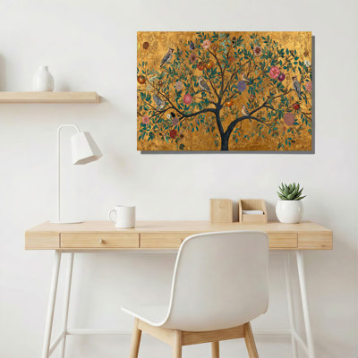 Birds on Blossoming Tree with Gold Background Canvas Wall Art