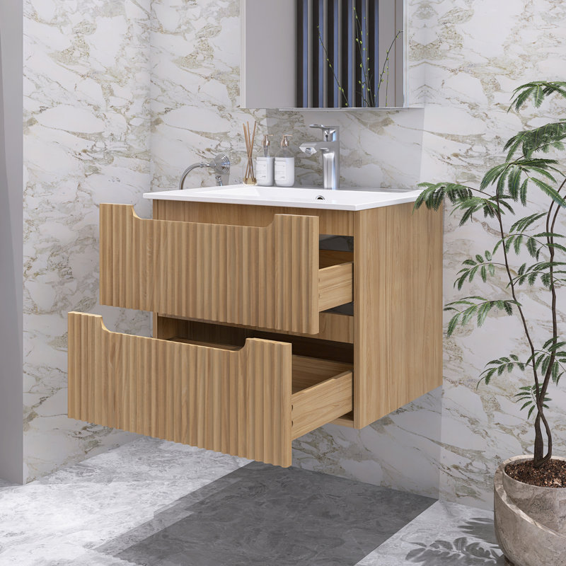 Modern Wall-Mounted  Striped Bathroom Vanity With Ceramic Sink, 24"