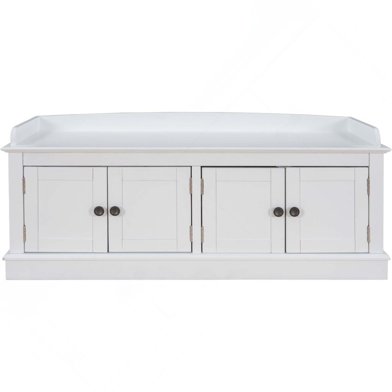 Banc de rangement pour chaussures avec 4 portes, tablettes réglables et coussin amovible pour le salon, le vestibule, Blanc
