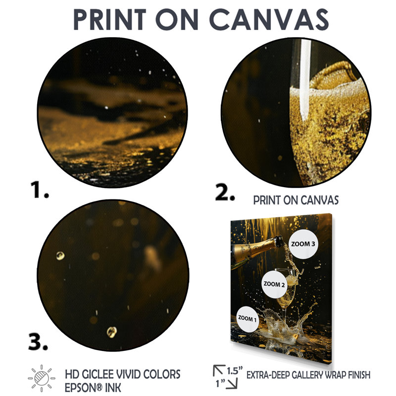 Fashion Bubble Celebration I - décoration murale vin et champagne, H 44 po x l 34 po x P 1,5 po, Toile avec cadre flottant or