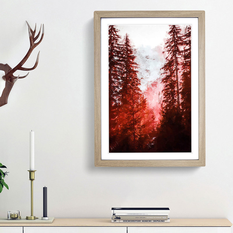Mountain Through the Forest in Abstract - Picture Frame Graphic Art Print, 87cm H x 62cm W x 2cm D, Oak Framed