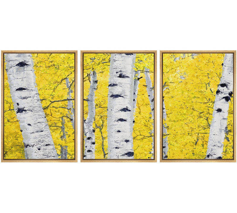 Aspen bouleau fissuré, texture de la forêt jaune, feuilles, art moderne, rustique, 3 pièces, Cadre naturel flottant