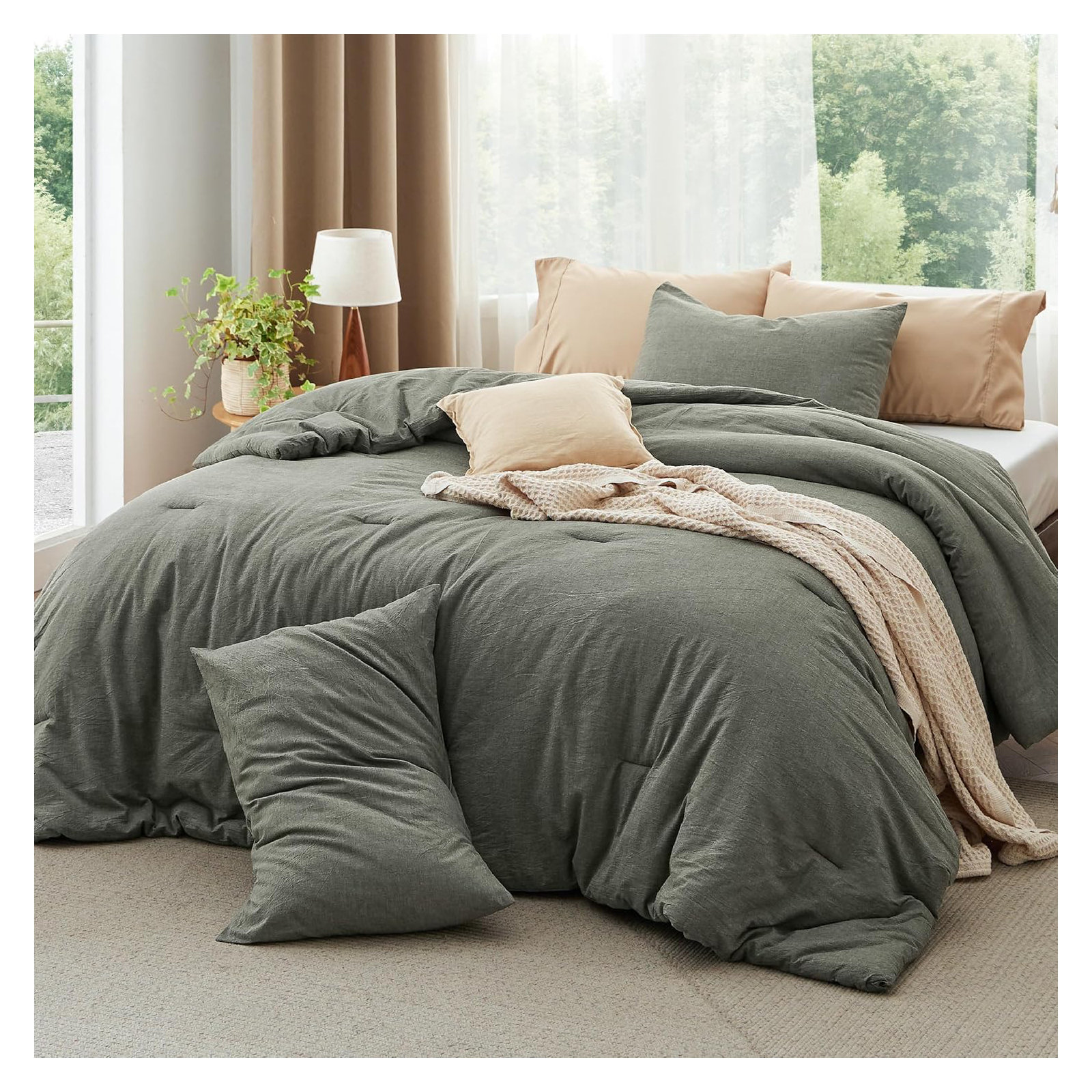 Bedsure Pre-washed Comforter Set with 100% Cotton Outer Covert,  143TC, King Comforter + 2 Additional Pieces, Bronze Green