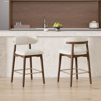 Tabouret de bar moderne à hauteur de comptoir avec dossier, non pivotant, pieds en bois d'hévéa massif et repose-pieds en métal bronze
