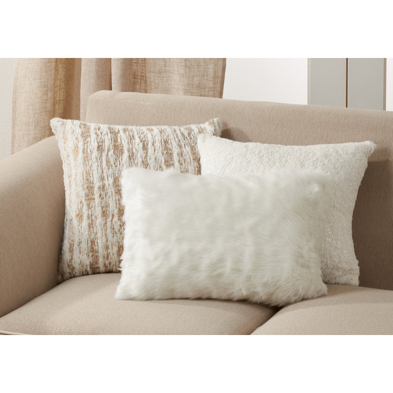 White Faux Fur Rectangular Down Alternative Throw Pillow