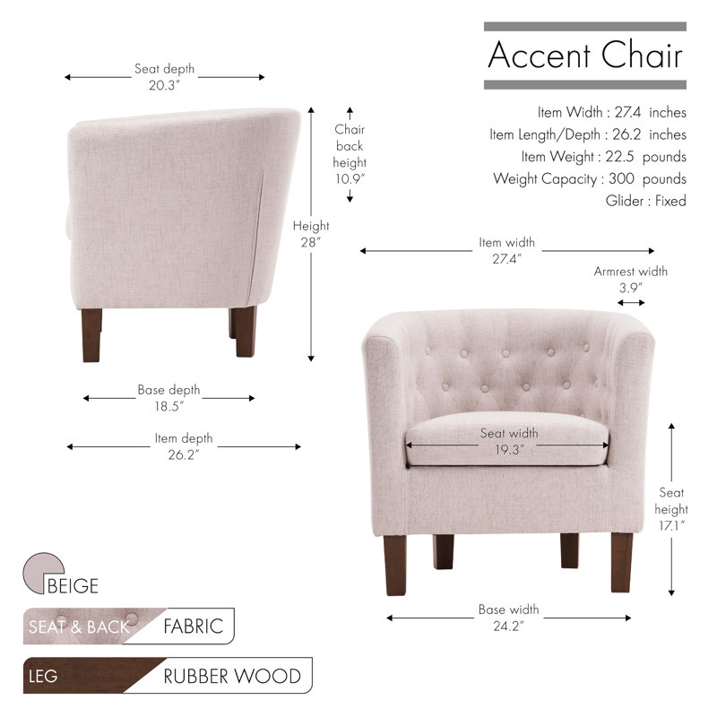 Cecille Barrel Accent Chair with Rubberwood Legs, Beige