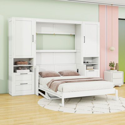 Lit escamotable double avec placard, tiroirs et tablettes