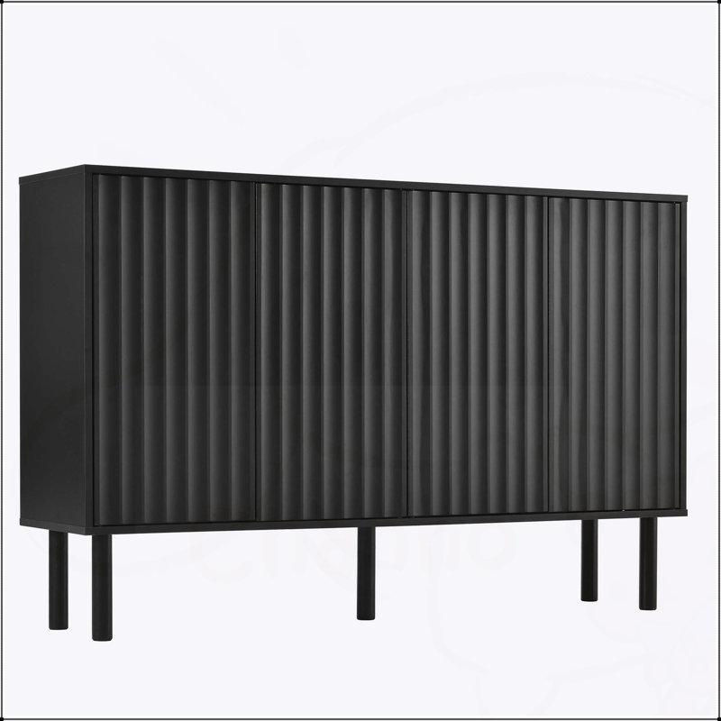 Armoire à chaussures minimaliste avec 5 pieds en bois massif, buffet de style crème, grand rangement à 4 portes pour le salon, noir, 55,1 x 13,7
