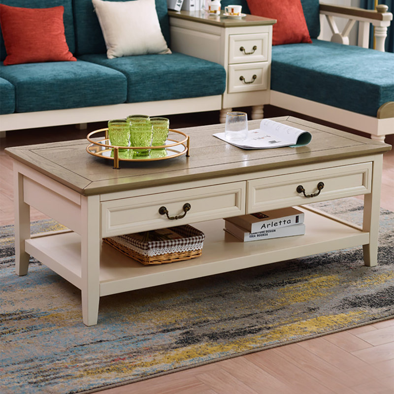 American light luxury rectangular coffee table, Gray Top/Beige Wood Base, 18.5" H x 55.1" L x 25.6" W