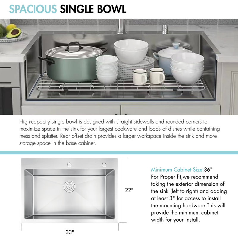 ATTOP 33 Inch Scratch-Resistant Stainless Steel Single Bowl Drop in Kitchen Sink with Bottom Grid