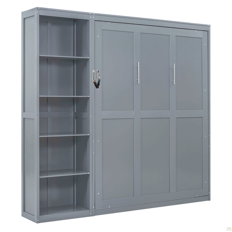 Grand lit escamotable mural avec tablettes, Gris