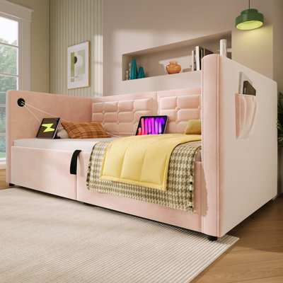 Upholstered Twin Size Daybed, Hydraulic Storage Twin Bed Frame With USB & Type-C Charging, Velvet Sofabed With Wooden Slats And Tufted Sofa Back, (Wit by Everly Quinn
