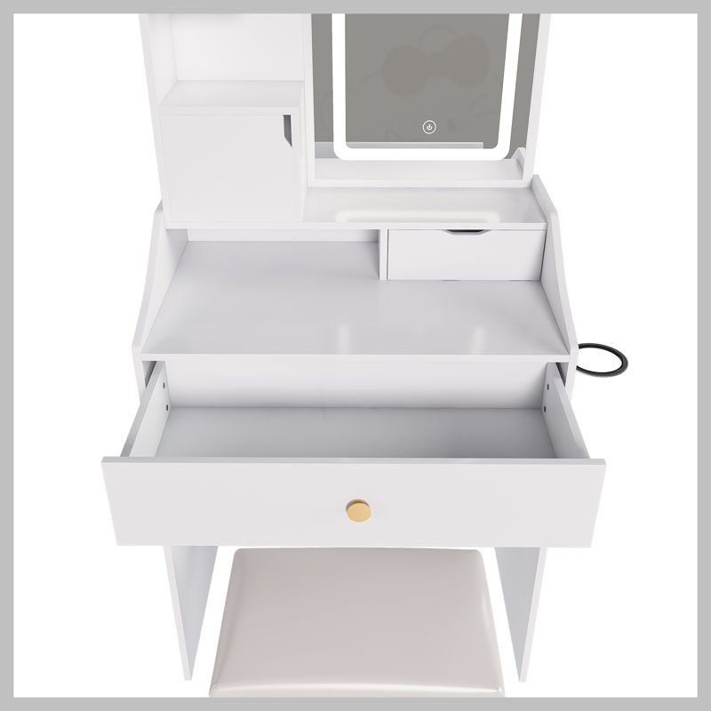 Miroir de coiffeuse 3 couleurs à DEL avec tabouret, coiffeuse rose pour la chambre à coucher, 2 tiroirs et 5 armoires de rangement (4 ouvertes + 1 cachée), éclairage réglable (blanc)