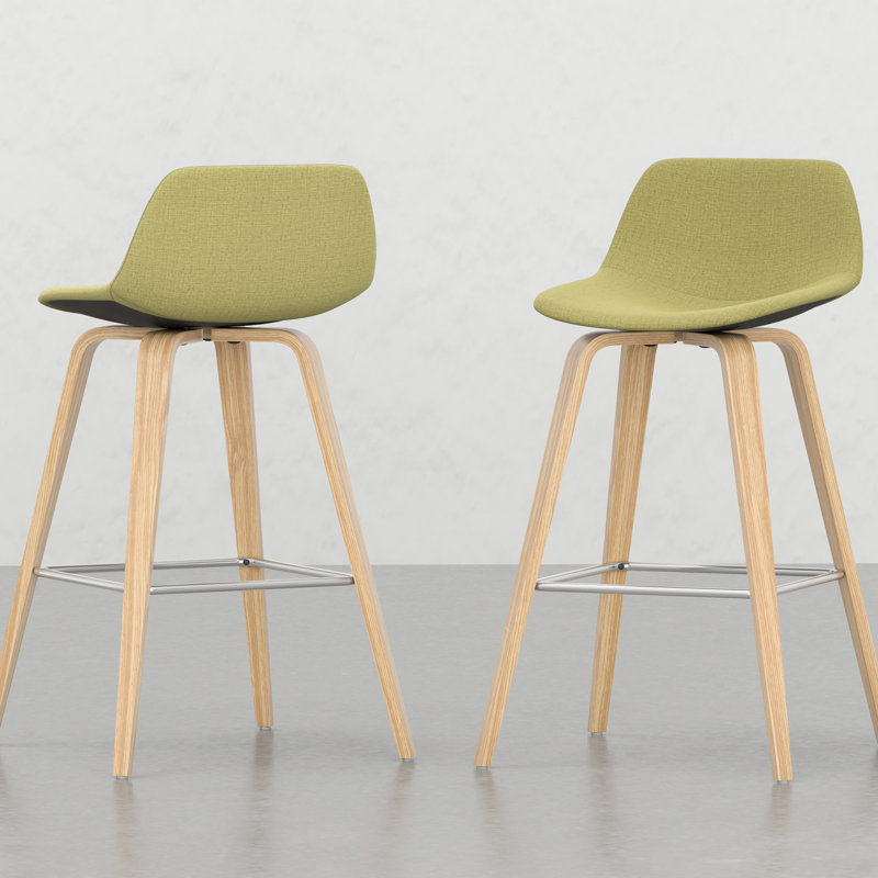 De 2 tabourets - style moderne Mid-Century, revêtement en tissu, contreplaqué et placage pour la longueur des pieds de bar