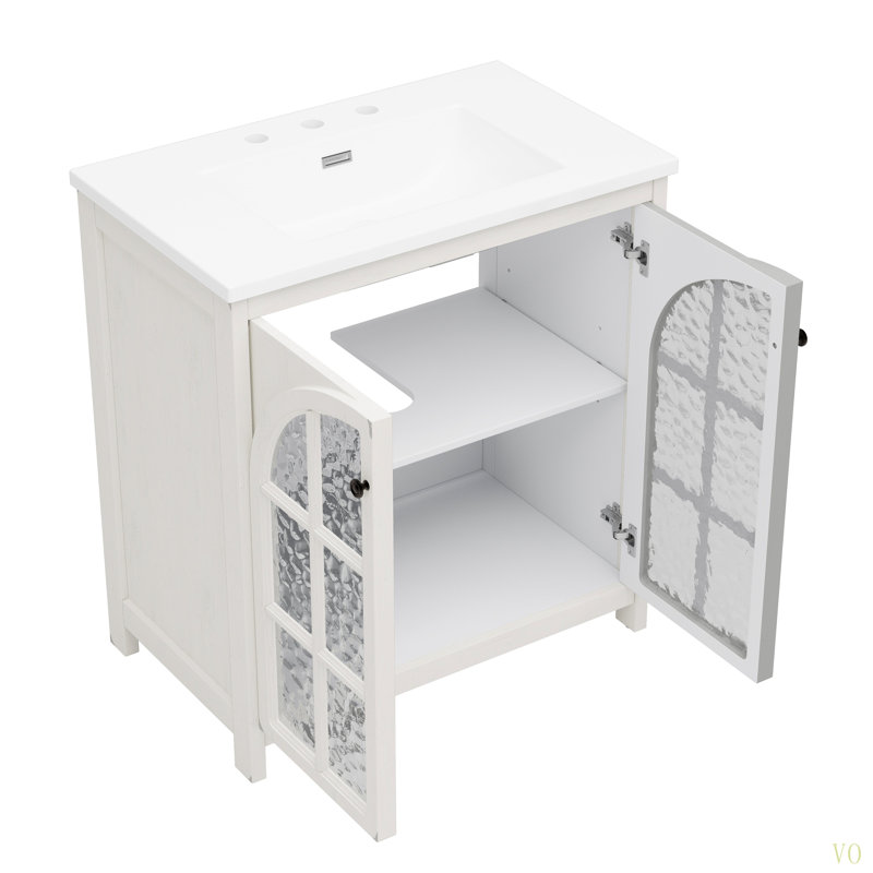 Meuble-lavabo de ferme 31 po avec lavabo en céramique, finition vieillie, armoire de salle de bain rustique rétro avec poignées en bronze et 2 portes à fermeture en douceur