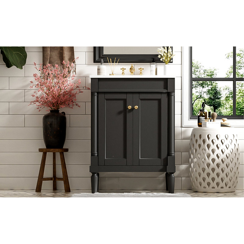 Armoire de salle de bain moderne 24 po, 2 trous de déversement inclus, meuble-lavabo pratique avec lavabo supérieur, 24 po, espace de rangement spacieux,
