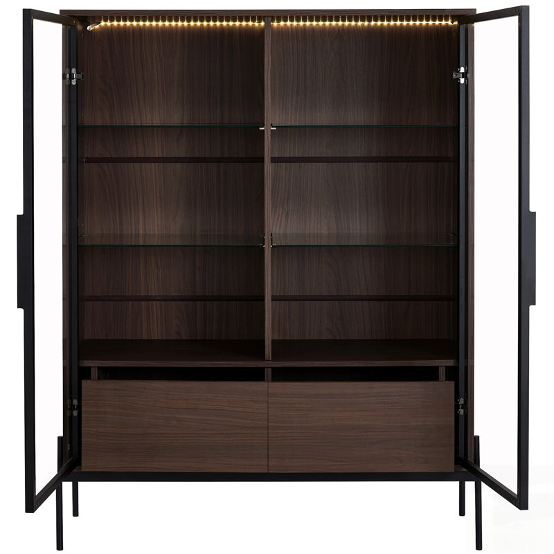 Freestanding Display Cabinet With 2 Storage Drawers, Glass Doors, 4-Tier Adjustable Shelves, And LED Light For Modern Living Spaces