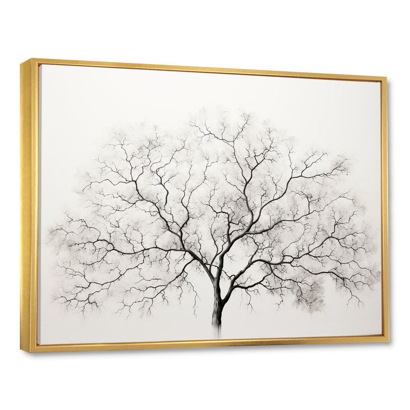 Érable blanc et gris minimalisme sur toile, H 34 po x l 44 po x P 1,5 po, Cadre flottant doré