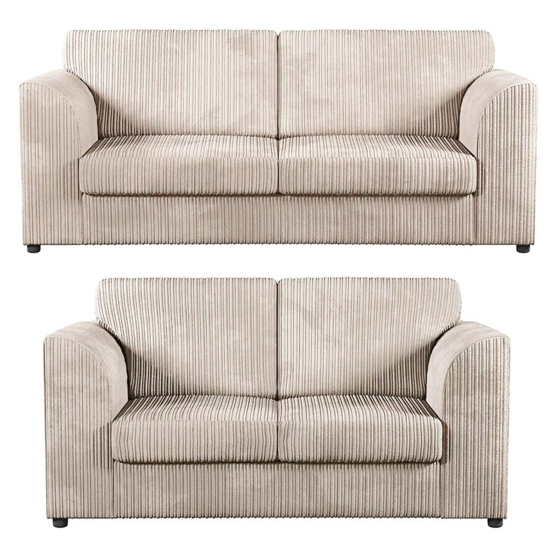 Soft Fabric Jumbo Cord 3 and 2 Seater Upholstered High Back Cushion Living Room Sets, Cream