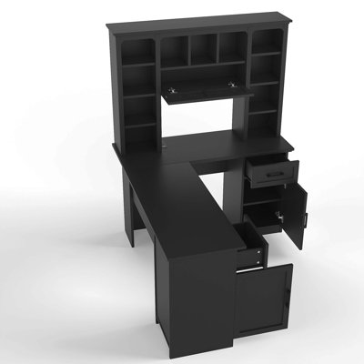 Bureau d'ordinateur en L avec 2 armoires et 2 tiroirs sous la table, 11 tablettes ouvertes et une tablette rabattable avec rangement sur le côté droit, convenant pour le bureau, le salon et le bureau, noir