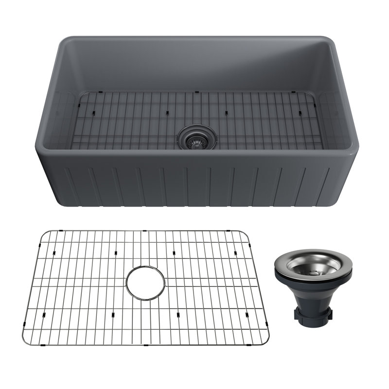 33" L x 18" W Single Bowl Fireclay Farmhouse Kitchen Sink with Sink Grid, Gray