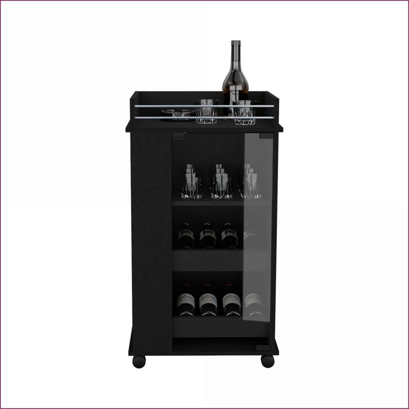 Chariot-bar avec porte vitrée, 2 tablettes latérales et amp; Roulettes | Noir | Panneau de particules, Noir