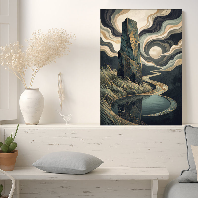 Art mural sur toile monolithe en pierre avec fissures dorées et reflet au clair de lune, 36"H x 24"W