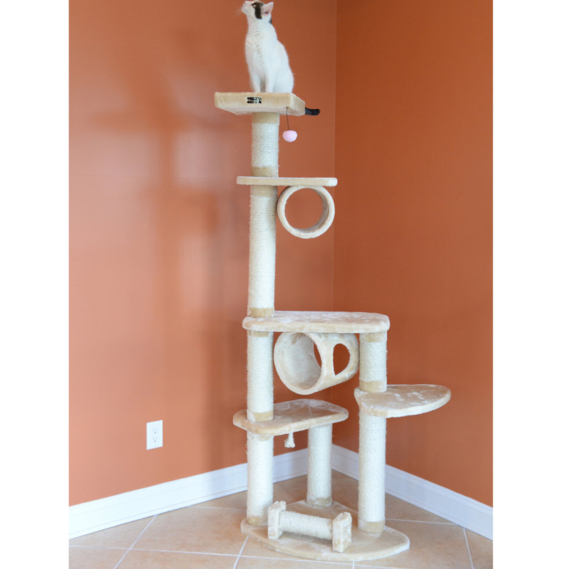 Beige Faux Fur and Sisal 74'' Cat Tree with Multiple Perches