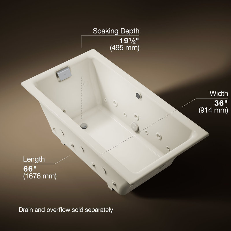 Tea-for-Two 66" x 36" Dop-In Effervescence Whirlpool Bath with Spa Package, Biscuit