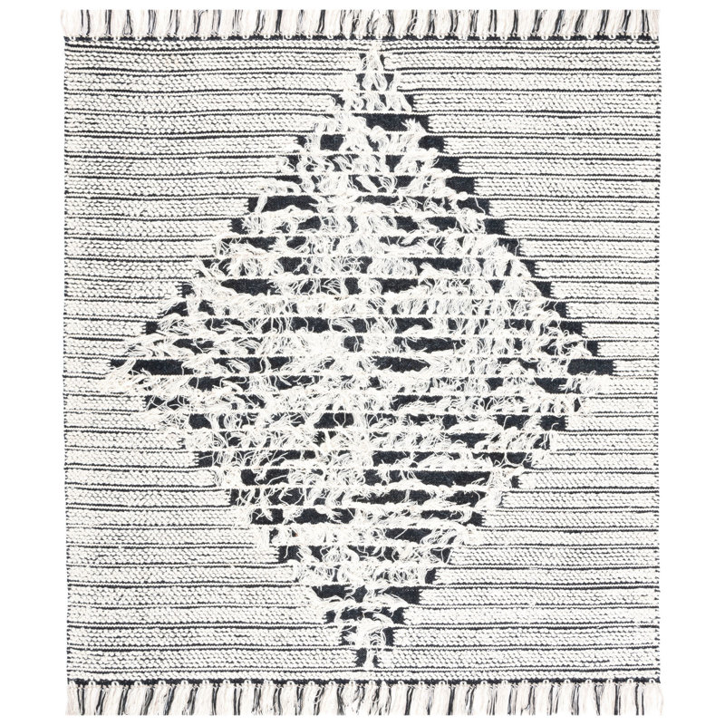 Vermont Flat Weave Wool/Cotton Striped Rug in Ivory/Black, Square 6'