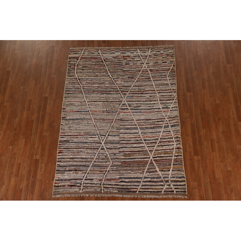 Tapis brun / gris en laine noué à la main de conception unique 5 pi 9 po x 7 pi 10 po New Age