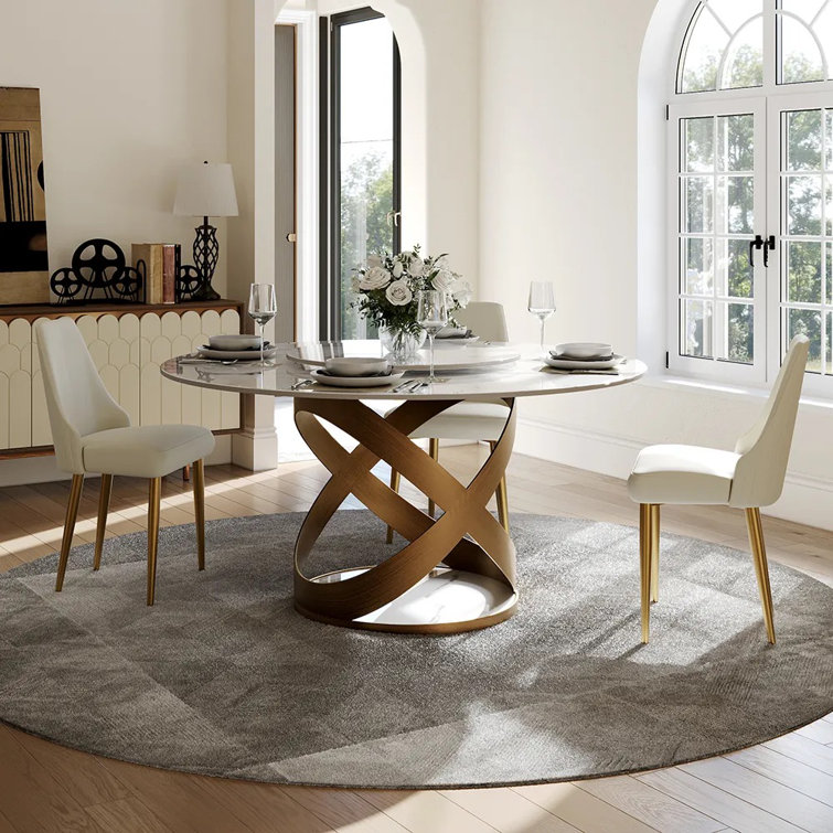 Suzzie Modern Round Dining Table, Sintered Stone Tabletop with Lazy Susan, Carbon Steel Base Pre-Assembly