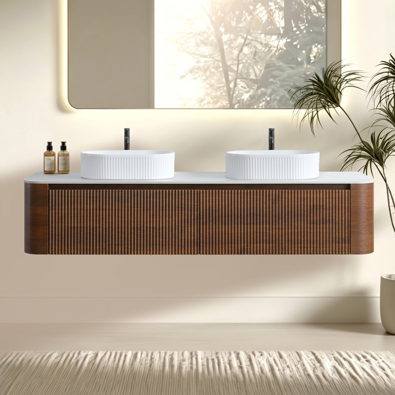 Meuble-lavabo cannelé avec armoire de rangement et tiroirs Avalon, 72