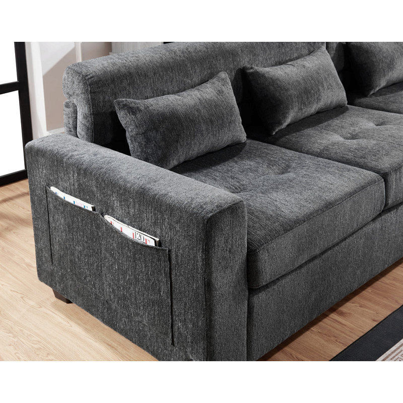 Canapé modulaire en chenille gris l 115 po Trevi avec dossier réglable, ports de chargement, poches, capitonnage, repose-pieds avec rangement, coussins décoratifs