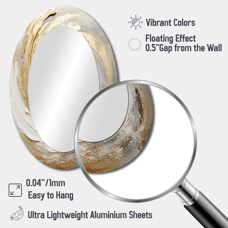 Gold And White Soft Wave Vortex III - Abstract Oval Decorative Mirror On Metal, 36" x 24"