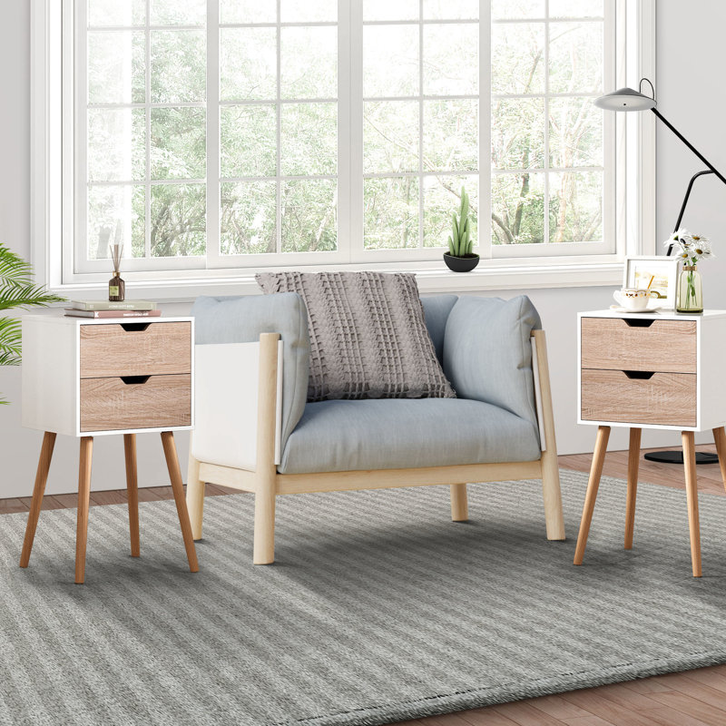 2 tables de chevet en noyer blanc, pieds en bois massif, table de chevet avec 2 tiroirs, placage en noyer, support