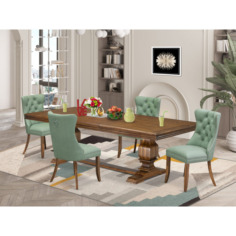 5-piece Kitchen Table Set includes a Dining Table and 4 Willow Green Polyester Fabric Modern Dining Chairs with Button tufted Back - Antique Walnut Finish