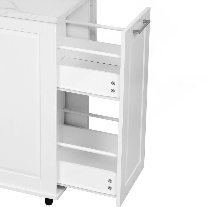 50.7" Kitchen Island With Storage Tilt Trash Can Cabinet And Pull Out Cabinet Organizer, Rolling Kitchen Island On 5 Wheels With Drop Leaf, 2 Drawers, 1Door For Kitchen, Dining Room, White