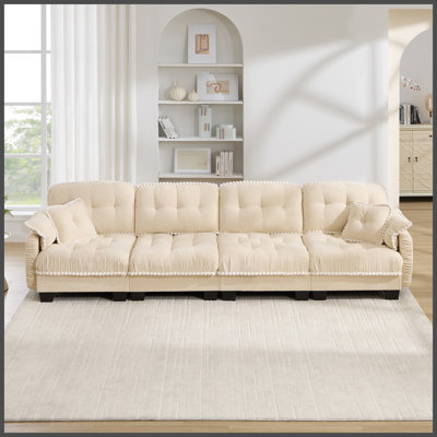Canapé en chenille à 4 places avec 4 coussins, conception ergonomique avec coussin capitonné matelassé à garniture de pompons, canapé à assise profonde facile à assembler pour le salon, le bureau, un appartement, beige crème