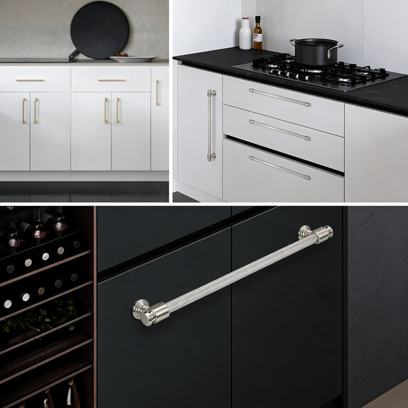 Paquet de 10 poignées d'armoire en nickel satiné brossé, poignées de tiroir moletées, centre de trou de 3/3 po, quincaillerie de cuisine et de salle de bain moderne