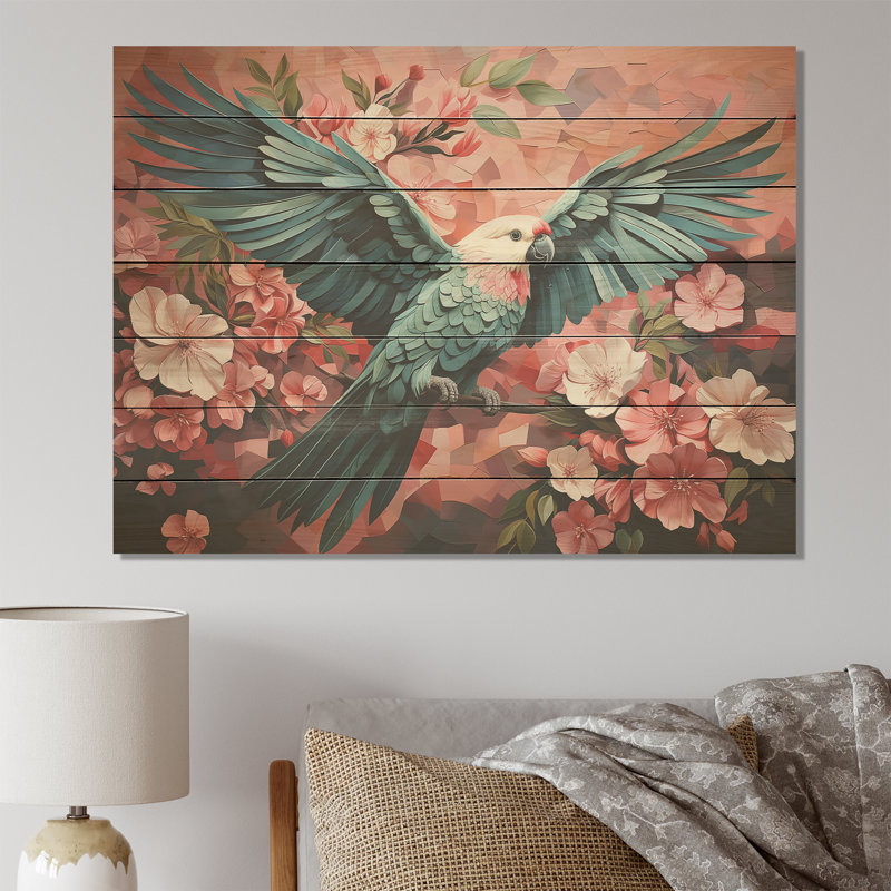 Perroquet bleu et rose Paradise IV - Perroquet sur bois, H 30 po x l 40 po