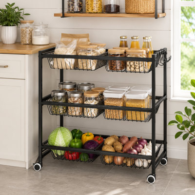 3-Tier Rolling Pantry Cart with 6 Detachable Baskets and Wheels, Metal Wire Fruit Stand for Vegetables, Snacks, Kitchen or Living Room Storage