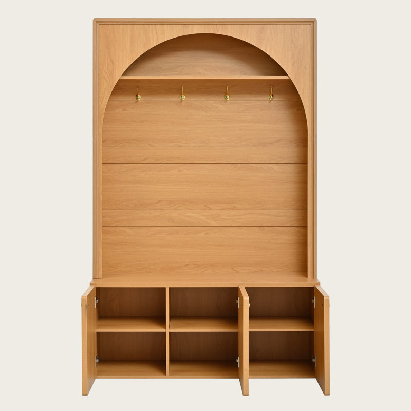Farmhouse Hall Tree with Bench & Adjustable Shelves — Arched Entryway Organizer with 3 Cabinets, 4 Gold Hooks, Shoe Storage & Anti-Tip Hardware for Mudroom, Hallway, Entry