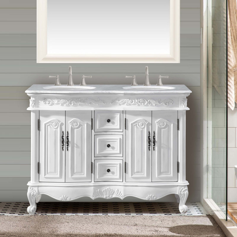 Meuble-lavabo à double cuve l 48 po x P 22 po x H 36 po Adonai, Blanc antique, Marbre de Carrare