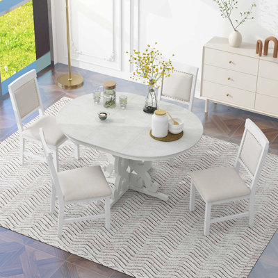 5-Piece Retro Functional Dining Set, 1 Extendable Table With A 16-Inch Leaf And 4 Upholstered Chairs For Dining Room And Kitchen (Dining Set)